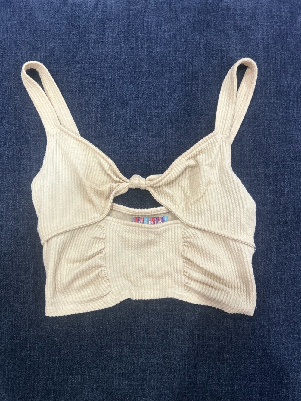 UO Cream Ribbed Knit Crop Top with Front Twist